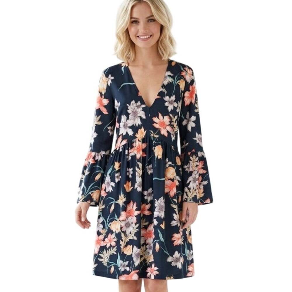 ASOS Navy Floral Dress Womens Size 8 Bell Sleeves Stretch Knit Boho Feminine